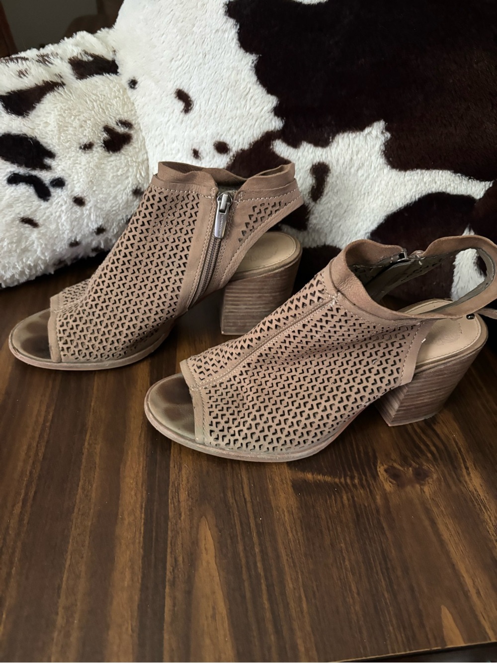 Vince Camuto Taupe Perforated Leather Peep Toe Booties
